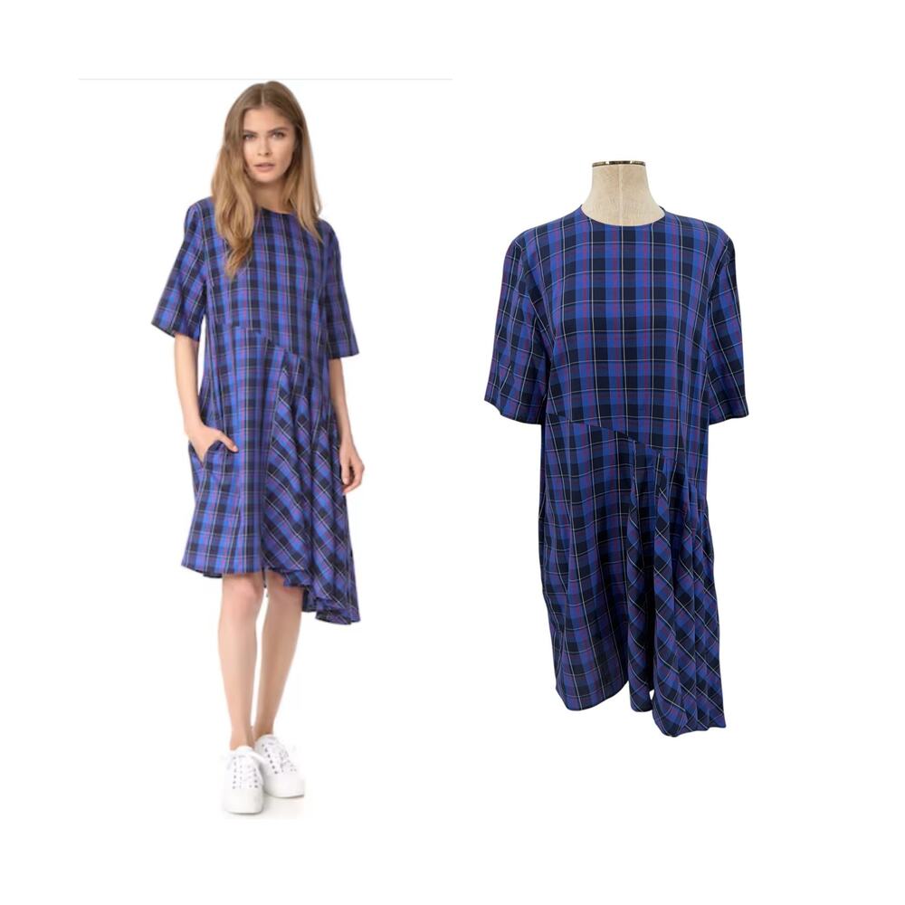 Public School Abi Rima Plaid Asymmetric Ruffle Midi Dress Blue Size 4